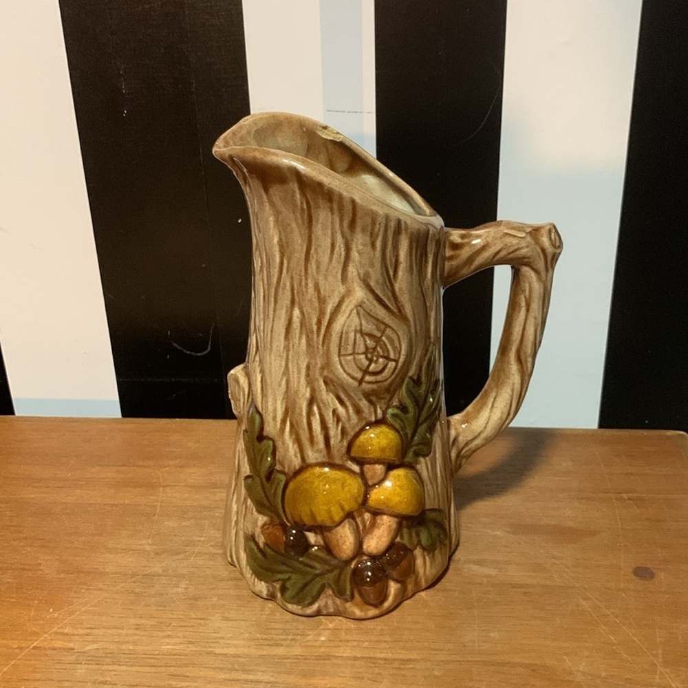Retro Mushrooms Handmade Ceramic Wood Grain Pitcher or Vase Shelf / Home Decor - Picture 14 of 14